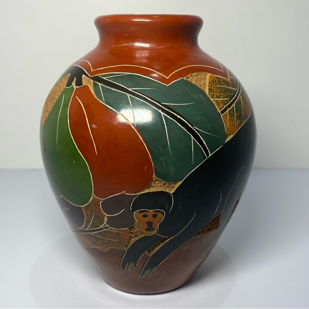 Isabel Jimena Handcrafted Pottery Vase 6" Monkeys Jungle Leaves Carved Painted